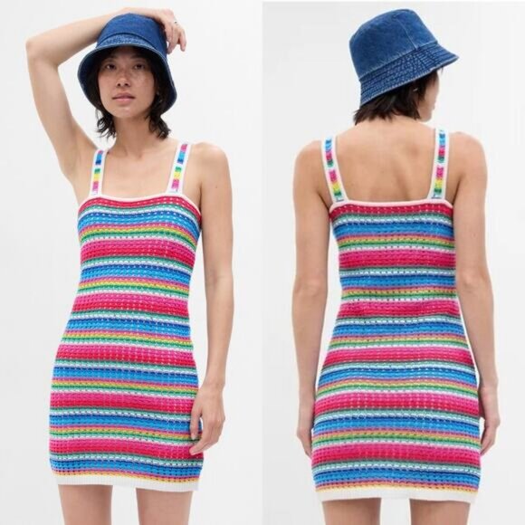 NWT GAP Crochet Squareneck Sleeveless Multicolor Mini Dress Size Medium - Picture 1 of 6